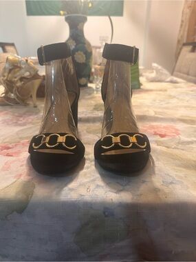 Talbots Black Suede Ankle-Strap Heels with Gold Chain Detail